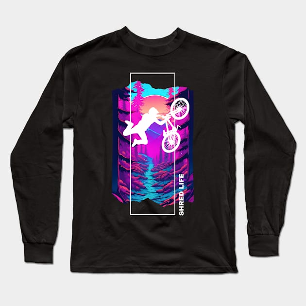 Shred Life: Neon Sunrise - Mountain Biking - AI Art Long Sleeve T-Shirt by JenJoy Designs